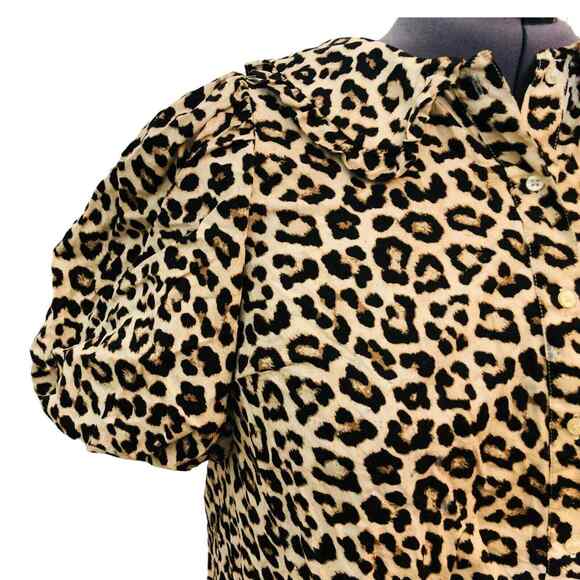 H&M Womens Leopard Animal Print Mini Dress Puff Sleeve Relaxed Fit Brown Large - Picture 2 of 7